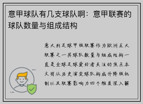 意甲球队有几支球队啊：意甲联赛的球队数量与组成结构